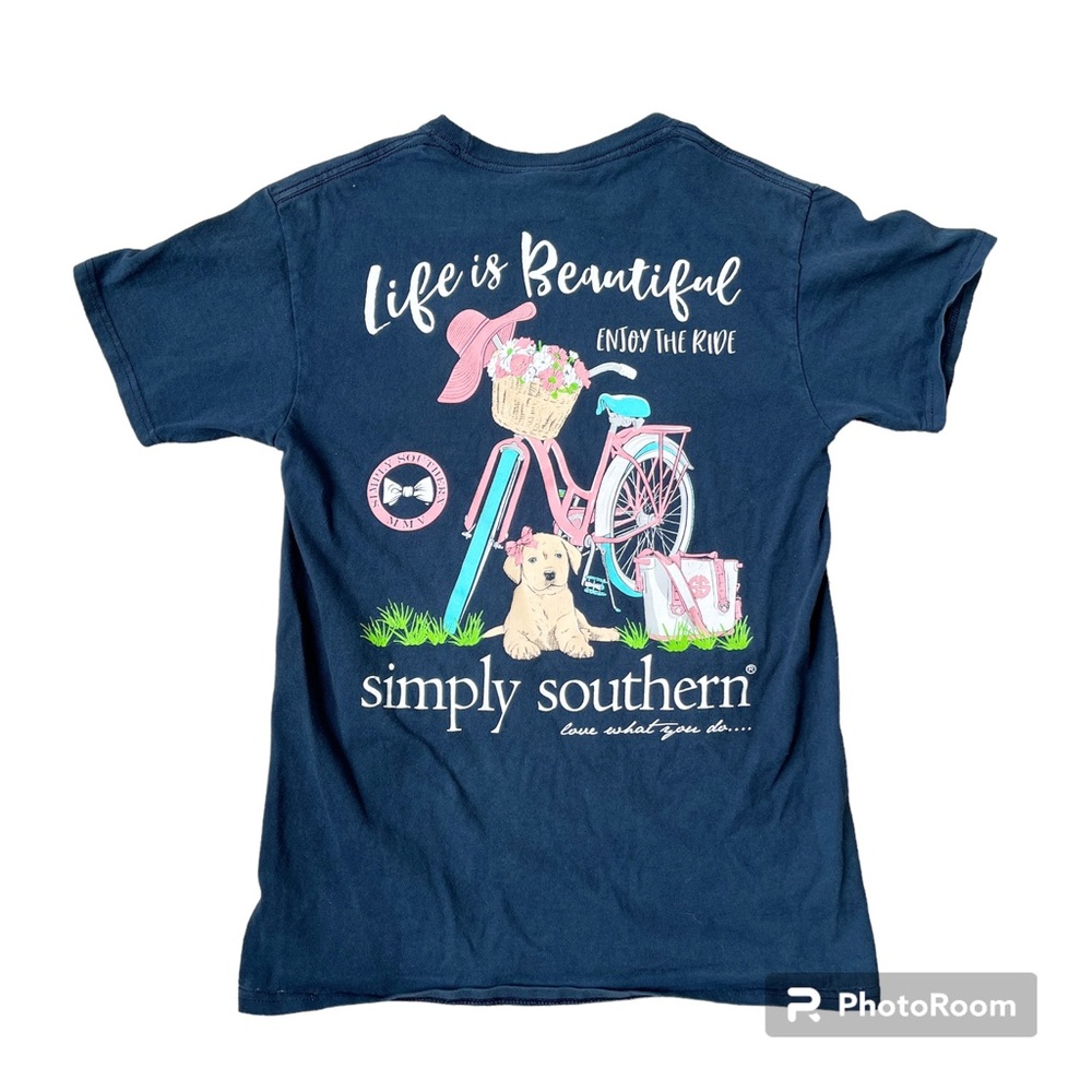 SIMPLY SOUTHERN Navy Dog and Bike Logo “Life Is Beautiful” T-Shirt Top Women’s S